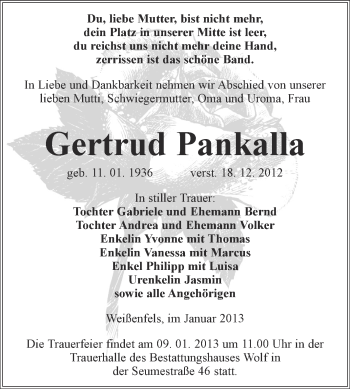 Traueranzeige von Gertrud Pankalla von Mitteldeutsche Zeitung Weißenfels