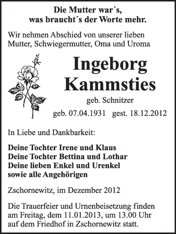 Traueranzeige von Ingeborg Kammsties von Mitteldeutsche Zeitung Jessen