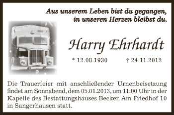 Traueranzeige von Harry Ehrhardt von Mitteldeutsche Zeitung Sangerhausen