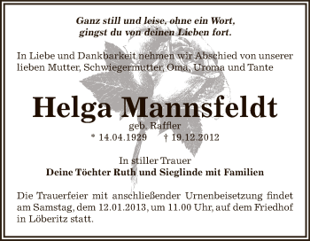 Traueranzeige von Helga Mannsfeldt von Mitteldeutsche Zeitung Köthen