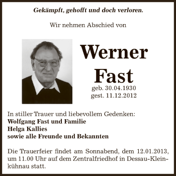 Traueranzeige von Werner Fast von Mitteldeutsche Zeitung Dessau-Roßlau
