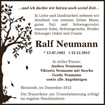 Traueranzeige von Ralf Neumann von Mitteldeutsche Zeitung Mansfelder Land