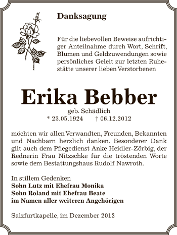 Traueranzeige von Erika Bebber von Mitteldeutsche Zeitung Bitterfeld