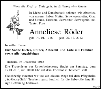 Traueranzeige von Anneliese Röder von Mitteldeutsche Zeitung Weißenfels
