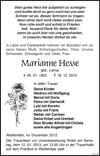 Traueranzeige von Marianne Hesse von Mitteldeutsche Zeitung Weißenfels