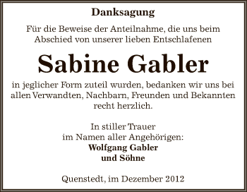 Traueranzeige von Sabine Gabler von Mitteldeutsche Zeitung Mansfelder Land