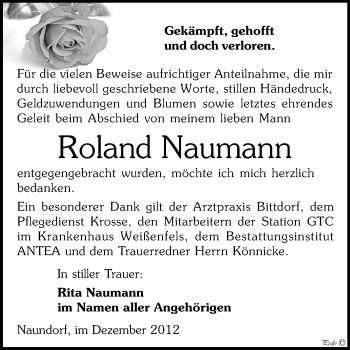 Traueranzeige von Roland Neumann von Mitteldeutsche Zeitung Weißenfels