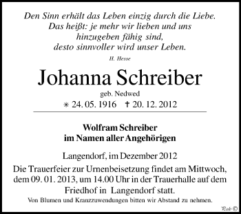 Traueranzeige von Johanna Schreiber von Mitteldeutsche Zeitung Weißenfels