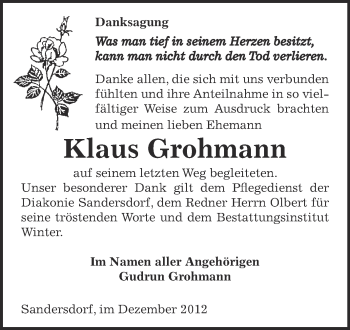 Traueranzeige von Klaus Grohmann von Mitteldeutsche Zeitung Bitterfeld