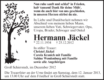 Traueranzeige von Hermann Jäckel von Mitteldeutsche Zeitung Aschersleben