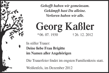Traueranzeige von Georg Kaßler von Mitteldeutsche Zeitung Weißenfels