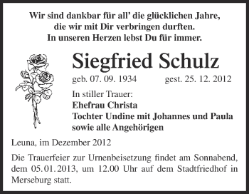 Traueranzeige von Siegfried Schulz von Mitteldeutsche Zeitung Merseburg/Querfurt