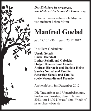 Traueranzeige von Manfred Goebel von Mitteldeutsche Zeitung Aschersleben