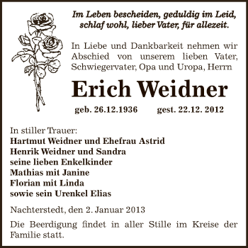 Traueranzeige von Erich Weidner von Mitteldeutsche Zeitung Aschersleben