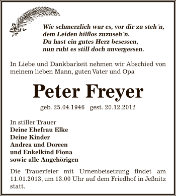 Traueranzeige von Peter Freyer von Mitteldeutsche Zeitung Bitterfeld