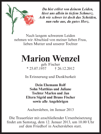 Traueranzeige von Marion Wenzel von Mitteldeutsche Zeitung Aschersleben