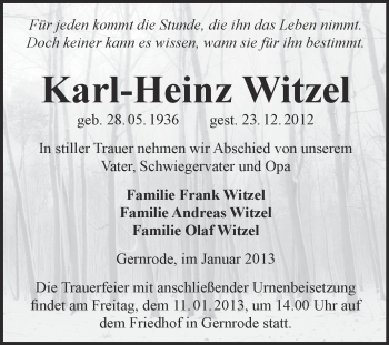 Traueranzeige von Karl-Heinz Witzel von Mitteldeutsche Zeitung Quedlinburg