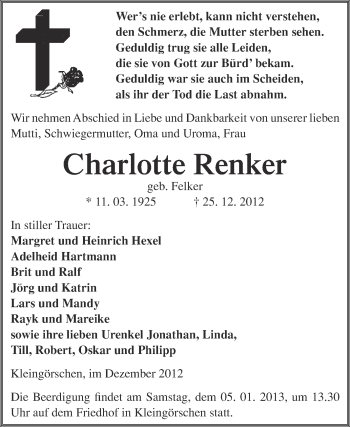 Traueranzeige von Charlotte Renker von Mitteldeutsche Zeitung Weißenfels