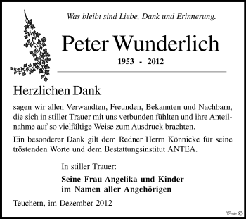 Traueranzeige von Peter Wunderlich von Mitteldeutsche Zeitung Weißenfels