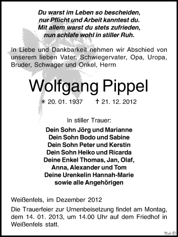 Traueranzeige von Wolfgang Pippel von Mitteldeutsche Zeitung Weißenfels