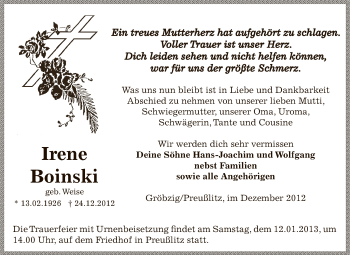 Traueranzeige von Irene Boinski von Mitteldeutsche Zeitung Bernburg