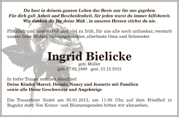 Traueranzeige von Ingrid Bielicke von Mitteldeutsche Zeitung Bitterfeld