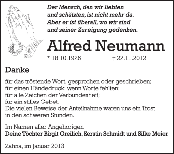 Traueranzeige von Alfred Neumann von Mitteldeutsche Zeitung Jessen