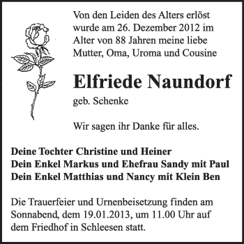 Traueranzeige von Elfriede Naundorf von Mitteldeutsche Zeitung Jessen