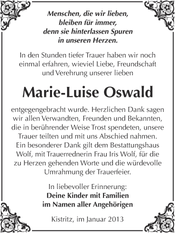 Traueranzeige von Marie-Luise Oswald von Mitteldeutsche Zeitung Weißenfels