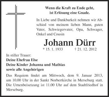 Traueranzeige von Johann Dürr von Mitteldeutsche Zeitung Merseburg/Querfurt