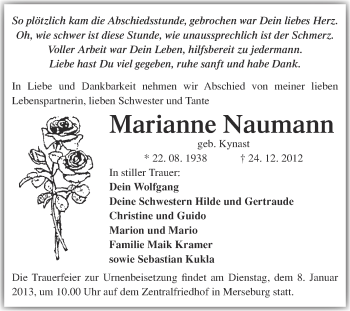Traueranzeige von Marianne Naumann von Mitteldeutsche Zeitung Merseburg/Querfurt