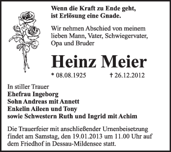 Traueranzeige von Heinz Meier von Mitteldeutsche Zeitung Dessau-Roßlau