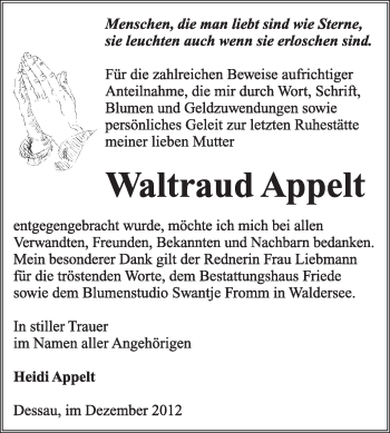 Traueranzeige von Waltraud Appelt von Mitteldeutsche Zeitung Dessau-Roßlau
