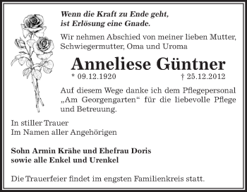 Traueranzeige von Anneliese Güntner von Mitteldeutsche Zeitung Dessau-Roßlau