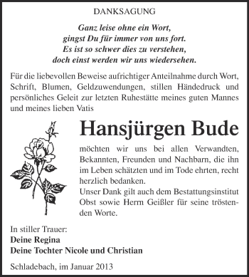 Traueranzeige von Hansjürgen Bude von Mitteldeutsche Zeitung Merseburg/Querfurt