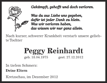 Traueranzeige von Peggy Reinhardt von Mitteldeutsche Zeitung Zeitz
