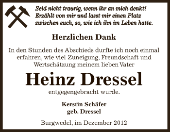 Traueranzeige von Heinz Dressel von Mitteldeutsche Zeitung Mansfelder Land