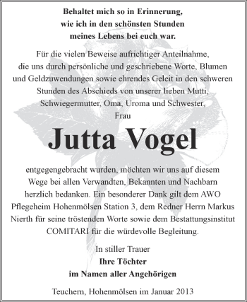 Traueranzeige von Jutta Vogel von Mitteldeutsche Zeitung Weißenfels