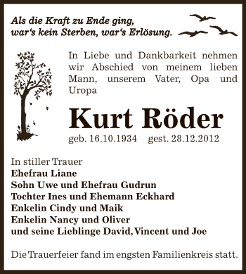 Traueranzeige von Kurt Röder von Mitteldeutsche Zeitung Bernburg