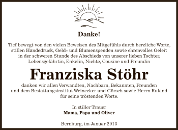 Traueranzeige von Franziska Stöhr von Mitteldeutsche Zeitung Bernburg