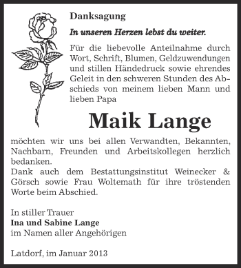 Traueranzeige von Maik Lange von Mitteldeutsche Zeitung Bernburg