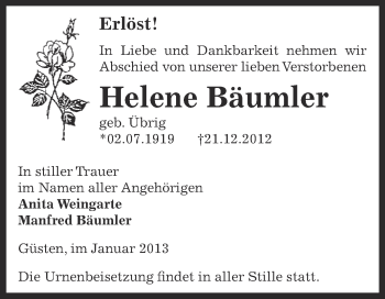 Traueranzeige von Helene Bäumler von Mitteldeutsche Zeitung Bernburg
