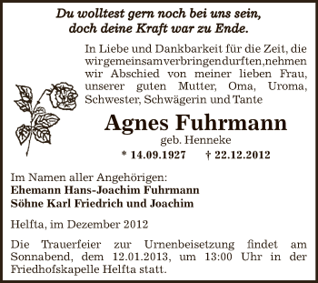 Traueranzeige von Agnes Fuhrmann von Mitteldeutsche Zeitung Mansfelder Land