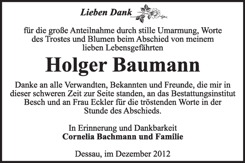  Traueranzeige für Holger Baumann vom 06.01.2013 aus Mitteldeutsche Zeitung Dessau-Roßlau