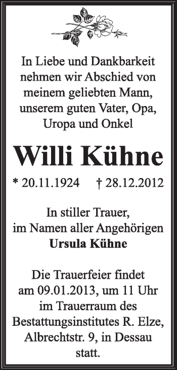 Traueranzeige von Willi Kühne von Mitteldeutsche Zeitung Dessau-Roßlau