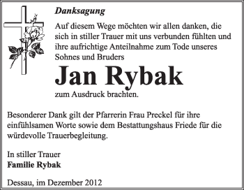 Traueranzeige von Jan Rybak von Mitteldeutsche Zeitung Dessau-Roßlau