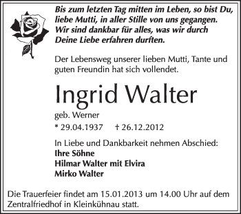 Traueranzeige von Ingrid Walter von Mitteldeutsche Zeitung Dessau-Roßlau