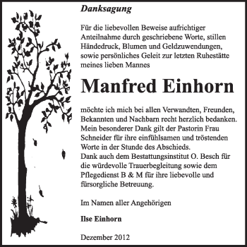 Traueranzeige von Manfred Einhorn von Mitteldeutsche Zeitung Dessau-Roßlau