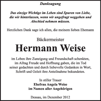 Traueranzeige von Hermann Weise von Mitteldeutsche Zeitung Dessau-Roßlau