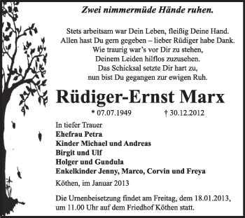 Traueranzeige von Rüdiger-Ernst Marx von Mitteldeutsche Zeitung Köthen
